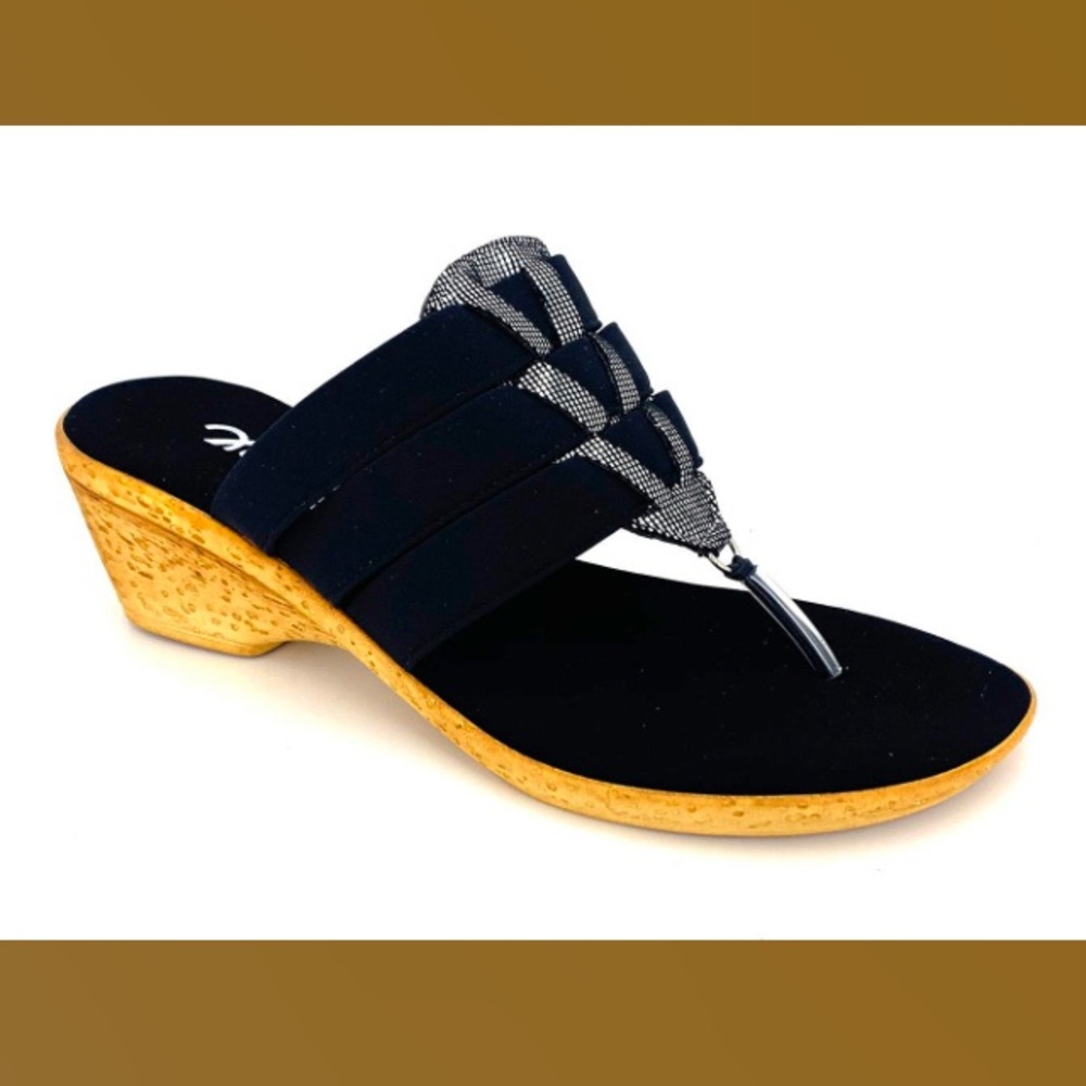 Onex Black Wedge Thong Sandal with Cork-Effect Heel style Shana size 6